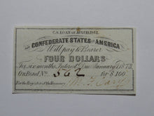 Load image into Gallery viewer, $4 1861 Confederate Bond Coupon Certificate Currency Bank Note Bill UNC