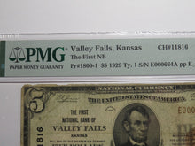 Load image into Gallery viewer, $5 1929 Valley Falls Kansas KS National Currency Bank Note Bill #11816 F15 PMG
