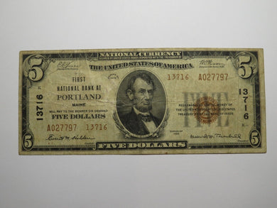 $5 1929 Portland Maine ME National Currency Bank Note Bill Charter #13716 RARE