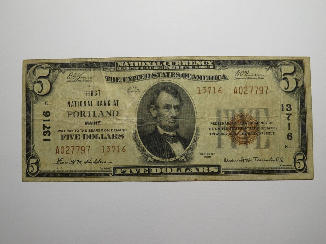 $5 1929 Portland Maine ME National Currency Bank Note Bill Charter #13716 RARE