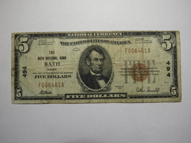 $5 1929 Bath Maine ME National Currency Bank Note Bill Charter #494 FINE USA