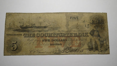 $5 1852 Boston Massachusetts MA Obsolete Currency Bank Note Bill Cochituate Bank
