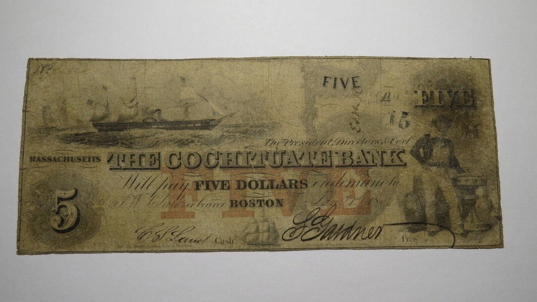 $5 1852 Boston Massachusetts MA Obsolete Currency Bank Note Bill Cochituate Bank