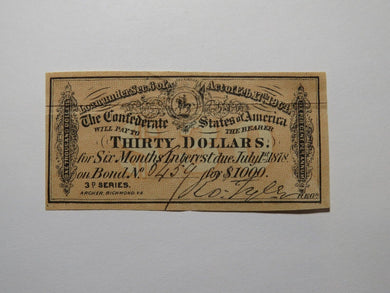 $30 1864 Confederate Bond Coupon Certificate Currency Bank Note Bill UNC