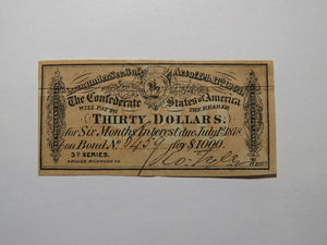 $30 1864 Confederate Bond Coupon Certificate Currency Bank Note Bill UNC