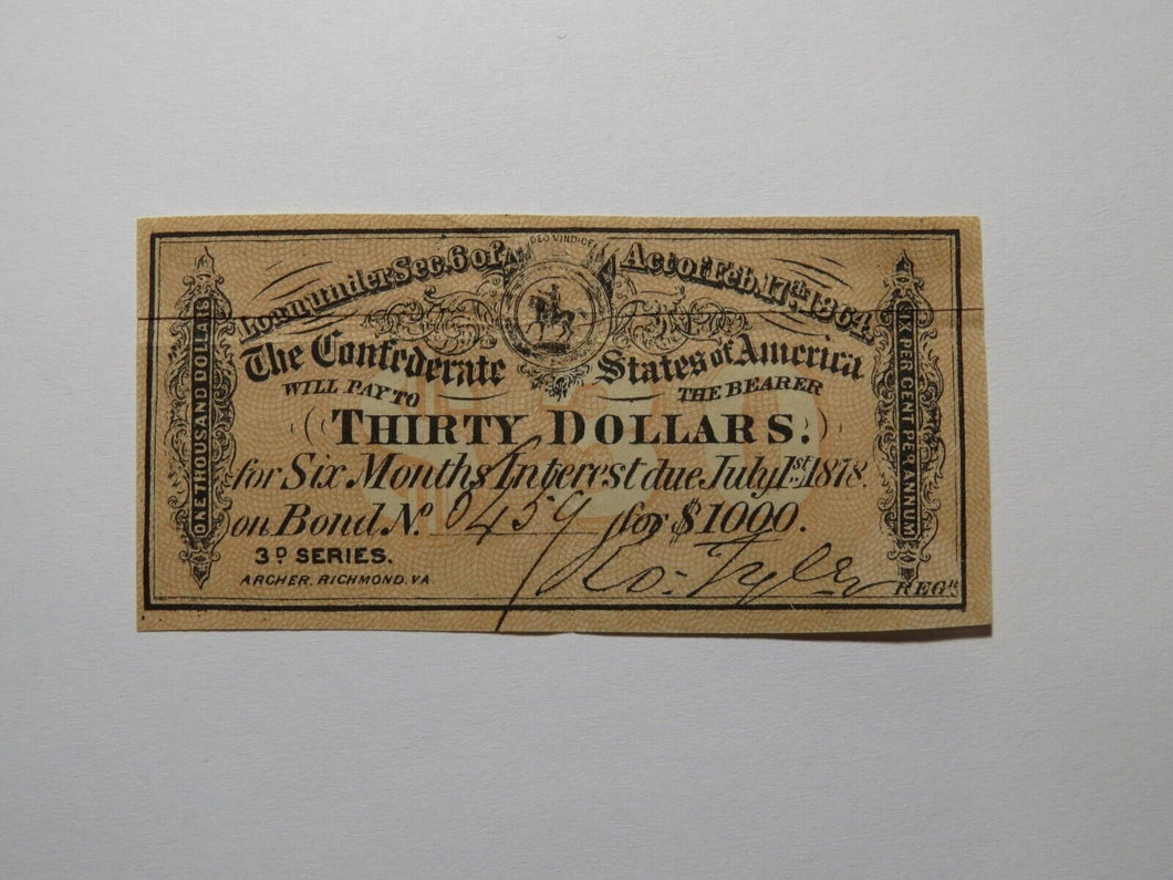 $30 1864 Confederate Bond Coupon Certificate Currency Bank Note Bill UNC