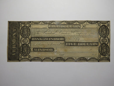 $5 18__ Windsor Vermont VT Obsolete Currency Bank Note Bill Remainder Rare