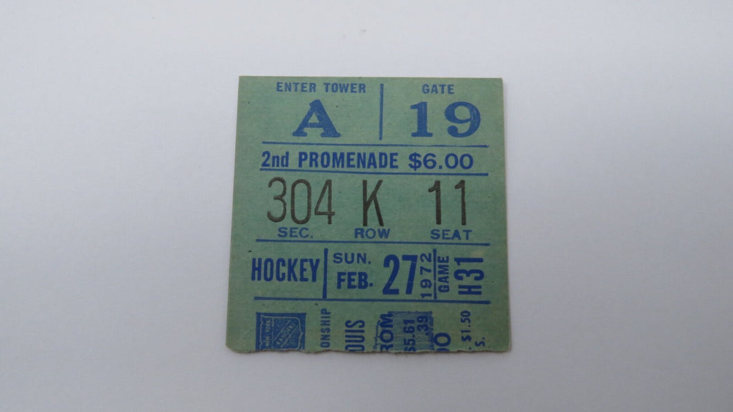 February 27, 1972 New York Rangers Vs St. Louis Blues NHL Hockey Ticket Stub