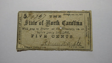 $.05 1861 Raleigh North Carolina Obsolete Currency Bank Note Bill State of NC