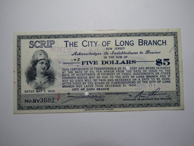 $5 1934 Long Branch New Jersey NJ Obsolete Currency Bank Note Scrip City of LB