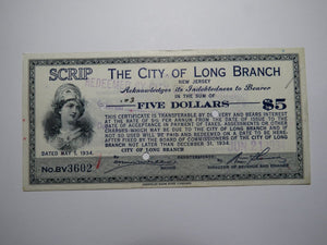 $5 1934 Long Branch New Jersey NJ Obsolete Currency Bank Note Scrip City of LB