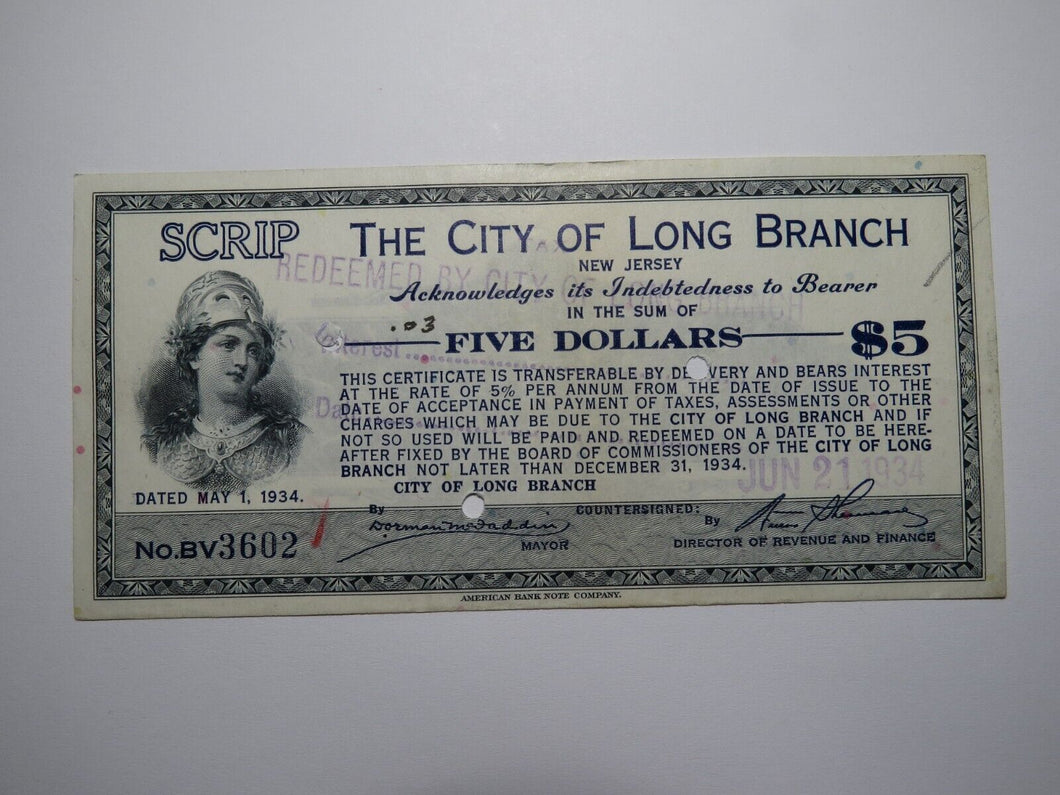 $5 1934 Long Branch New Jersey NJ Obsolete Currency Bank Note Scrip City of LB