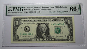 $1 2003 Repeater Serial Number Federal Reserve Currency Bank Note Bill PMG UNC66
