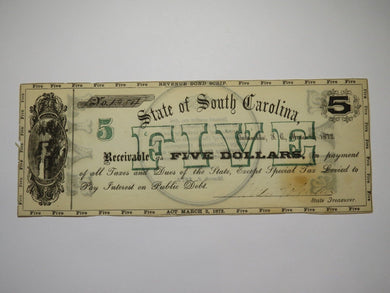 $5 1872 Columbia South Carolina SC Obsolete Currency Bank Note Bill State of SC