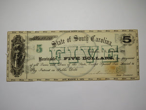 $5 1872 Columbia South Carolina SC Obsolete Currency Bank Note Bill State of SC