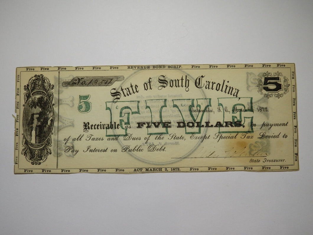 $5 1872 Columbia South Carolina SC Obsolete Currency Bank Note Bill State of SC