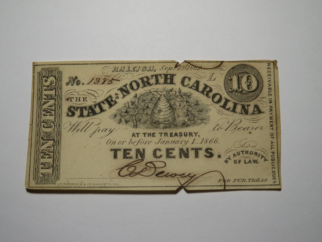 $.10 1862 Raleigh North Carolina Obsolete Currency Bank Note Bill NC State AU