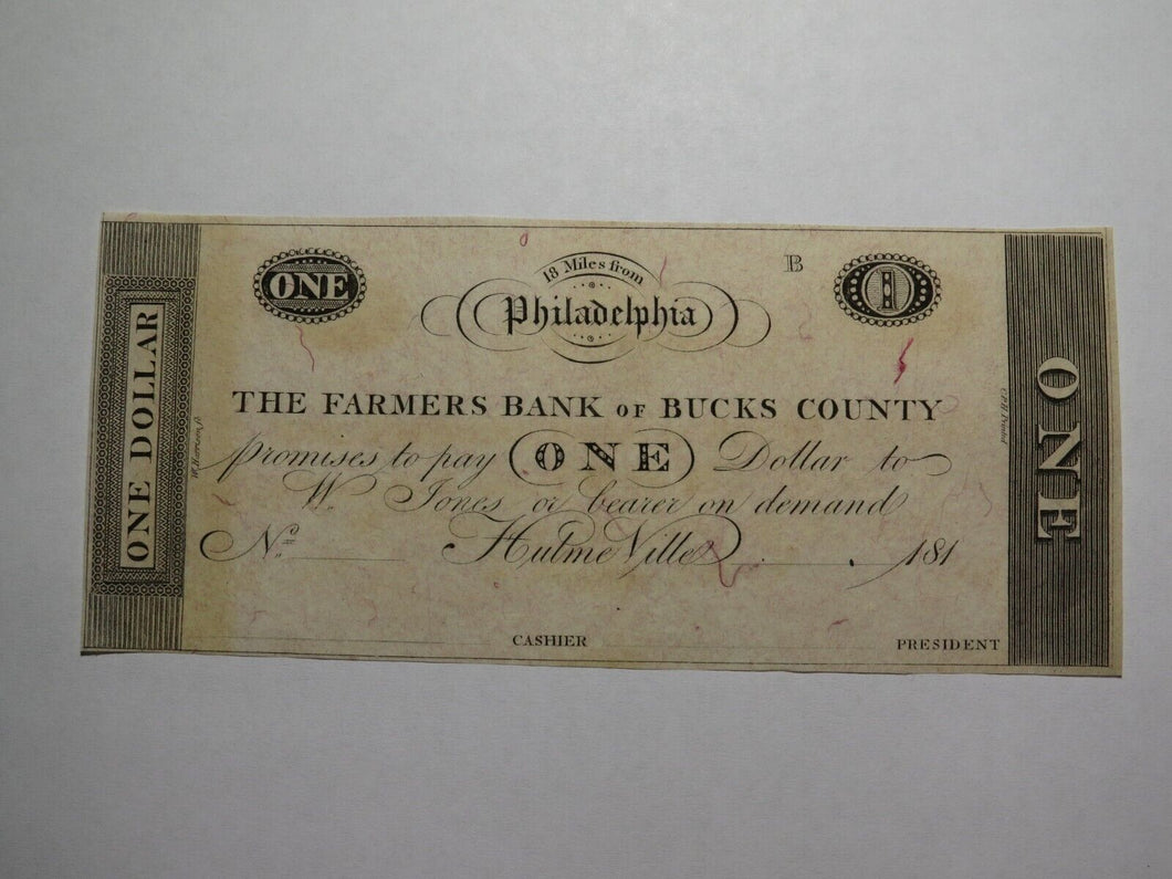 $1 18__ Hulmeville Pennsylvania Obsolete Currency Bank Note Bill Remainder UNC+