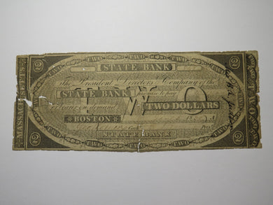 $2 1836 Boston Massachusetts MA Obsolete Currency Bank Note Bill The State Bank