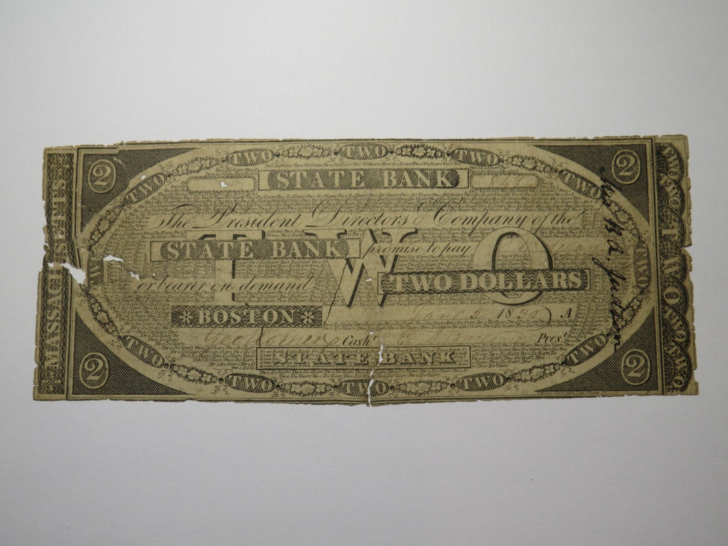 $2 1836 Boston Massachusetts MA Obsolete Currency Bank Note Bill The State Bank