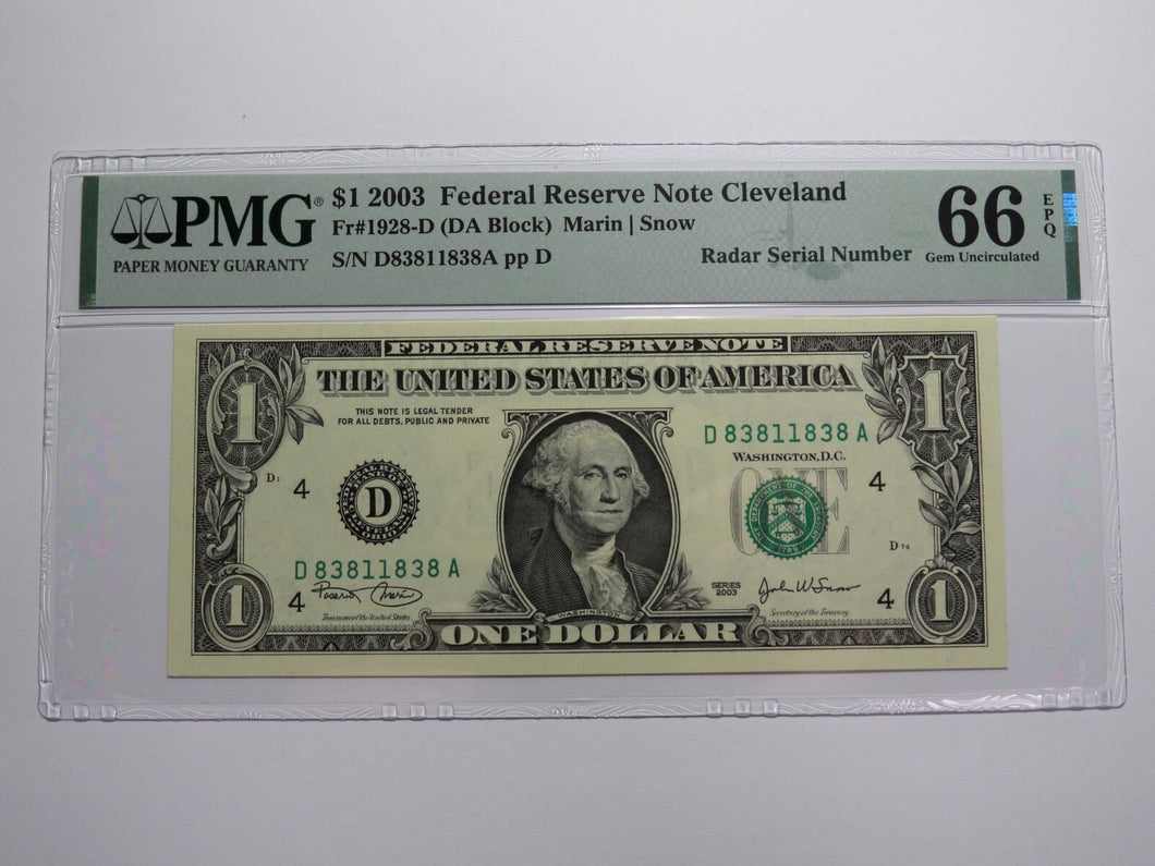 $1 2003 Radar Serial Number Federal Reserve Currency Bank Note Bill PMG UNC66EPQ
