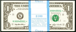 $1 1993 Original BEP Pack of 100 Uncirculated Dallas Federal Reserve Star Notes