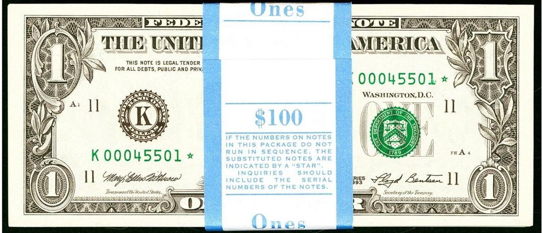 $1 1993 Original BEP Pack of 100 Uncirculated Dallas Federal Reserve Star Notes