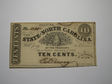 $.10 1862 Raleigh North Carolina Obsolete Currency Bank Note Bill NC State UNC+