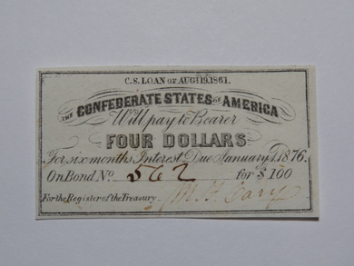 $4 1861 Confederate Bond Coupon Certificate Currency Bank Note Bill UNC