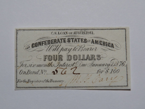 $4 1861 Confederate Bond Coupon Certificate Currency Bank Note Bill UNC