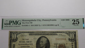 $10 1929 Monongahela City Pennsylvania PA National Currency Bank Note Bill #5968