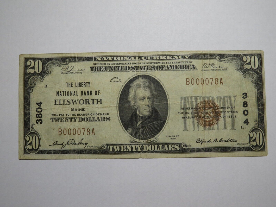 $20 1929 Ellsworth Maine ME National Currency Bank Note Bill Charter #3804 VF