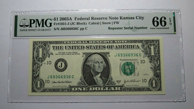 $1 2003 Repeater Serial Number Federal Reserve Currency Bank Note Bill PMG UNC66
