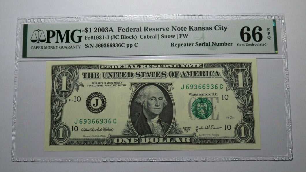 $1 2003 Repeater Serial Number Federal Reserve Currency Bank Note Bill PMG UNC66
