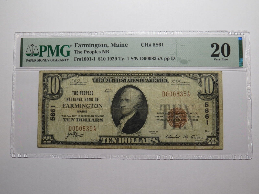 $10 1929 Farmington Maine ME National Currency Bank Note Bill Ch. #5861 VF20 PMG