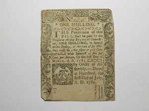 1780 One Shilling Hartford Connecticut CT Colonial Currency Note Bill 1s RARE