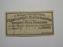 Load image into Gallery viewer, $35 1863 Confederate Bond Coupon Certificate Currency Bank Note Bill UNC