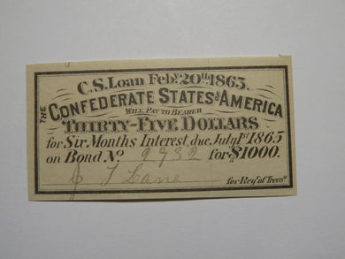 $35 1863 Confederate Bond Coupon Certificate Currency Bank Note Bill UNC