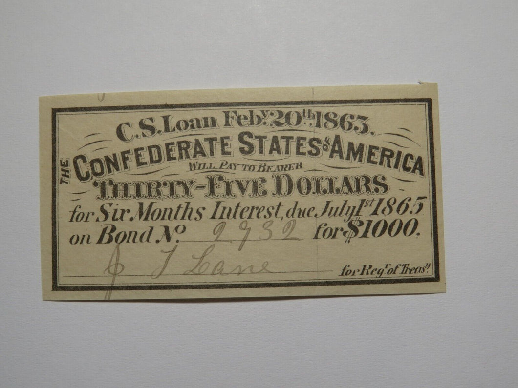 $35 1863 Confederate Bond Coupon Certificate Currency Bank Note Bill UNC