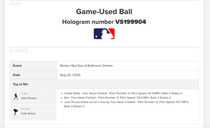 2020 Cole Sulser Baltimore Orioles Strikeout Game Used Baseball! Jose Peraza