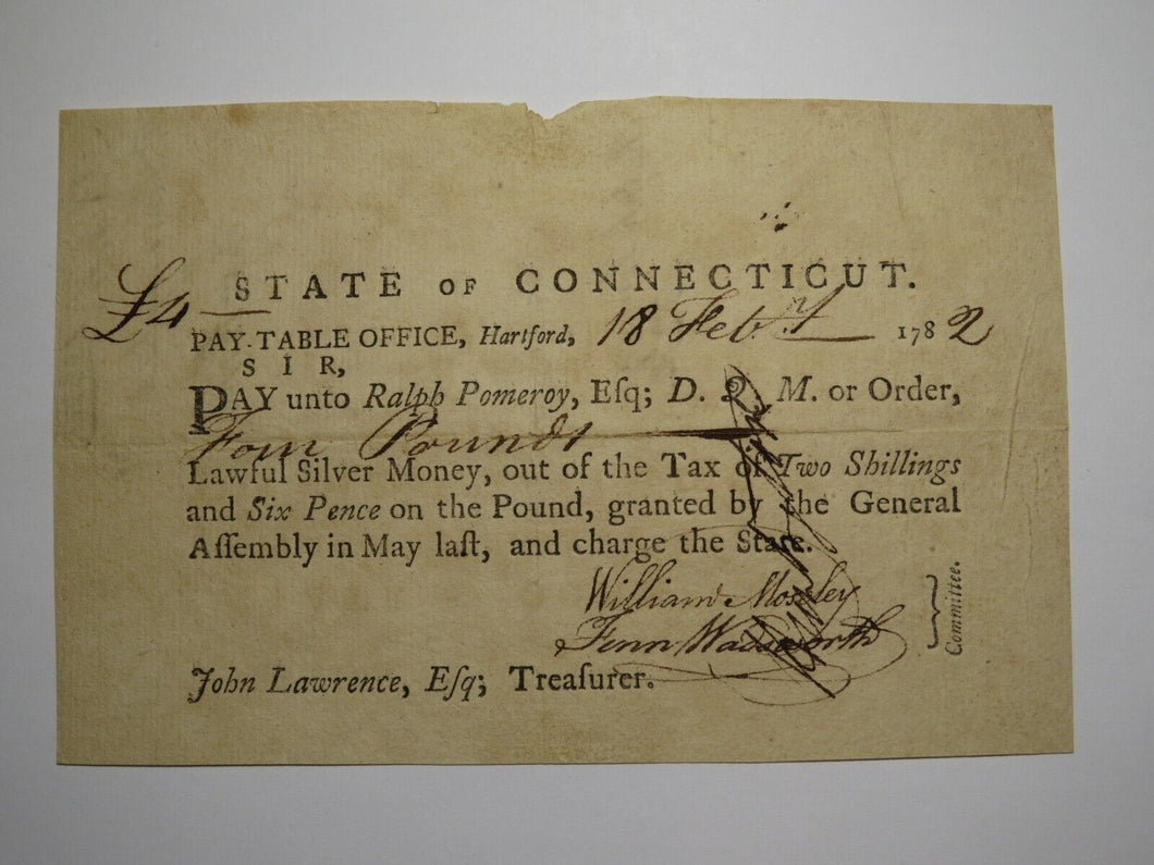1782 4 Pounds Connecticut Pay Table Colonial Currency Note Moseley Pomeroy