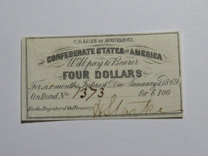 $4 1861 Confederate Bond Coupon Certificate Currency Bank Note Bill UNC