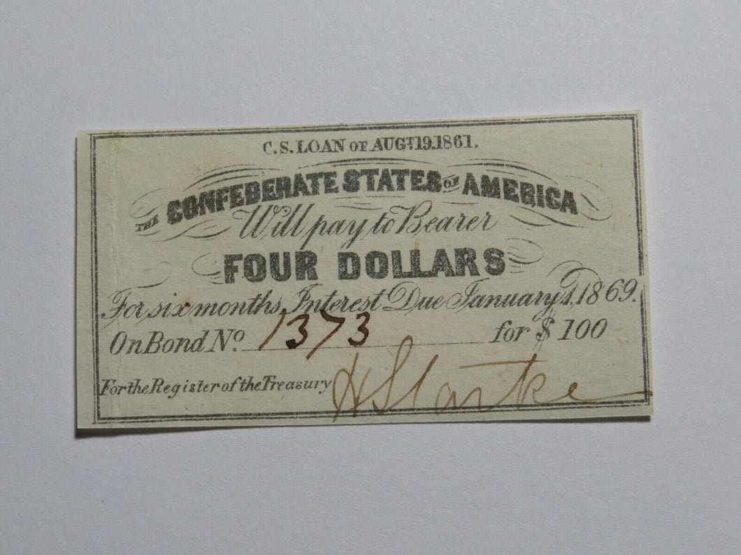 $4 1861 Confederate Bond Coupon Certificate Currency Bank Note Bill UNC