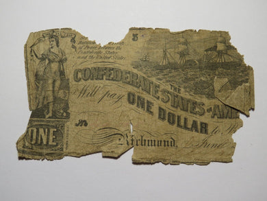 $1 1862 Richmond Virginia VA Confederate Currency Bank Note Bill RARE T45