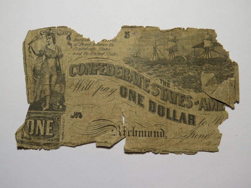 $1 1862 Richmond Virginia VA Confederate Currency Bank Note Bill RARE T45