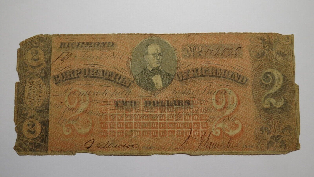 $2 1861 Richmond Virginia VA Obsolete Currency Bank Note Bill Corporation of VA