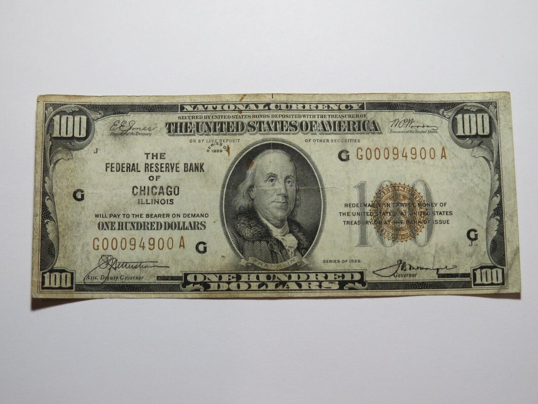 $100 1929 Chicago National Currency Fancy Serial # Federal Reserve Bank Note F++