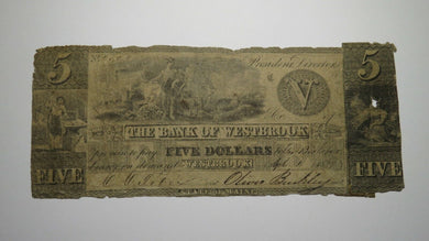 $5 1837 Westbrook Maine ME Obsolete Currency Bank Note Bill! Bank of Westbrook