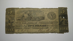 $5 1837 Westbrook Maine ME Obsolete Currency Bank Note Bill! Bank of Westbrook