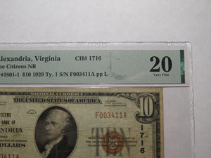 $10 1929 Alexandria Virginia VA National Currency Bank Note Bill #1716 VF20 PMG
